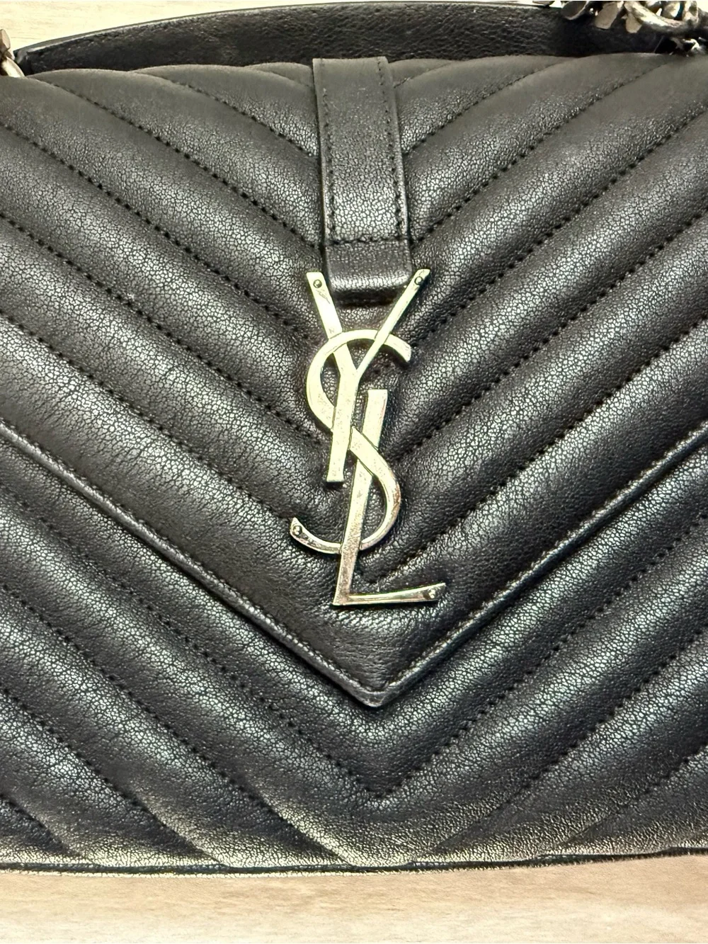 Saint Laurent Black Quilted Chain Crossbody with Silver YSL Logo